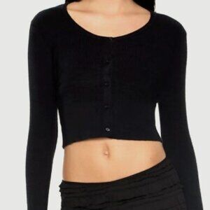 Cropped Pointelle Cardigan Sweater - Black